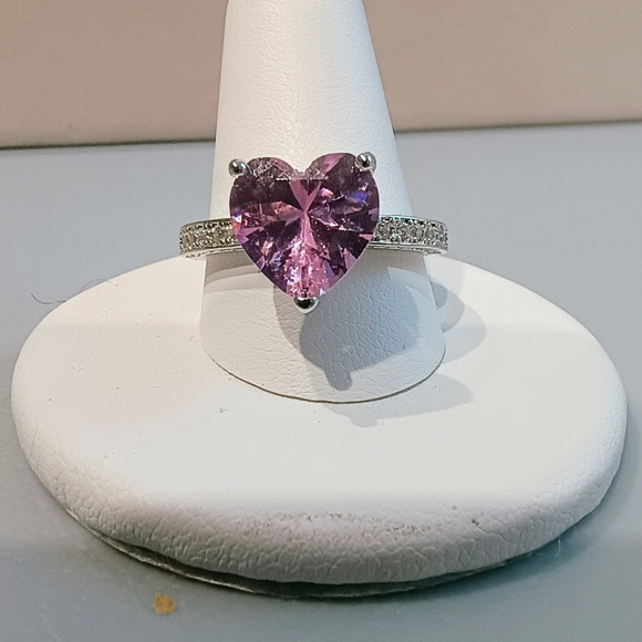 Cubic Zirconia Jewelry - Cubic Zirconia Heart Cut Pink Ring Silver Tone Size 8